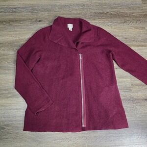 Chico's 1 Boiled Wool Jacket Womens Burgundy Excellent Asymmetrical Zip Cardigan